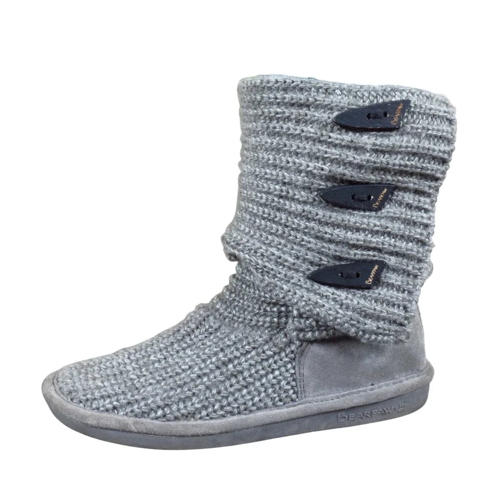Bearpaw Knit Tall Women Shoes Size 7 Winter Cold Weather Gray Knit Suede Boot